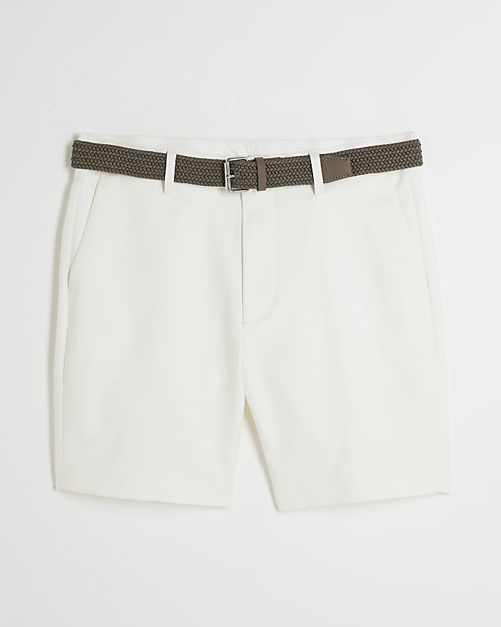 White Slim Fit Belted Chino Shorts