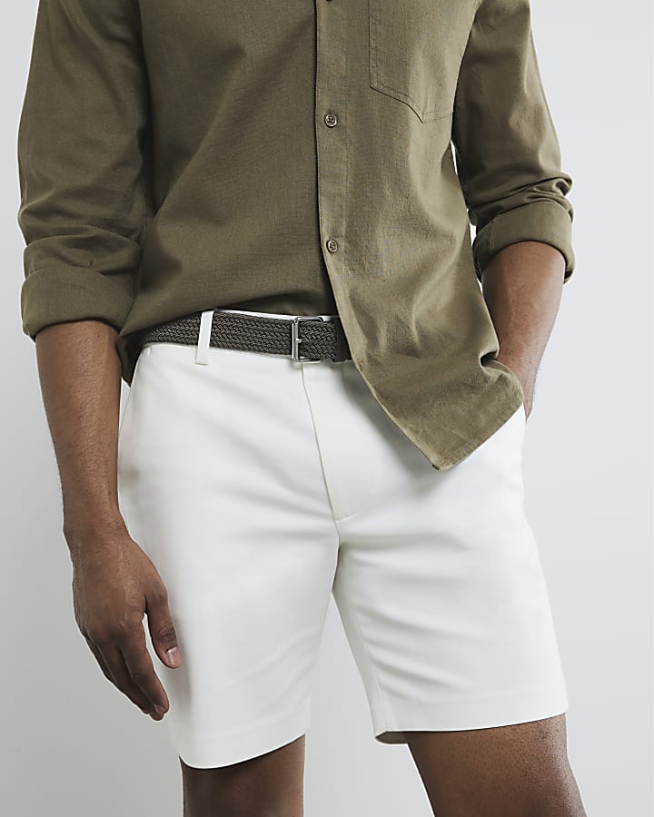 White Slim Fit Belted Chino Shorts