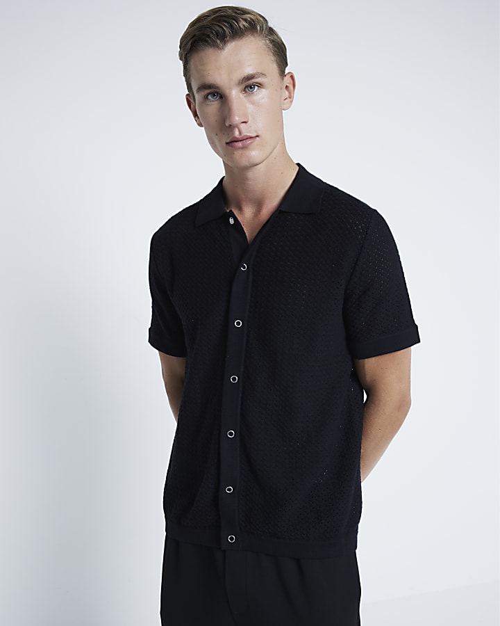 Black Slim Fit Micro Textured Knit Shirt