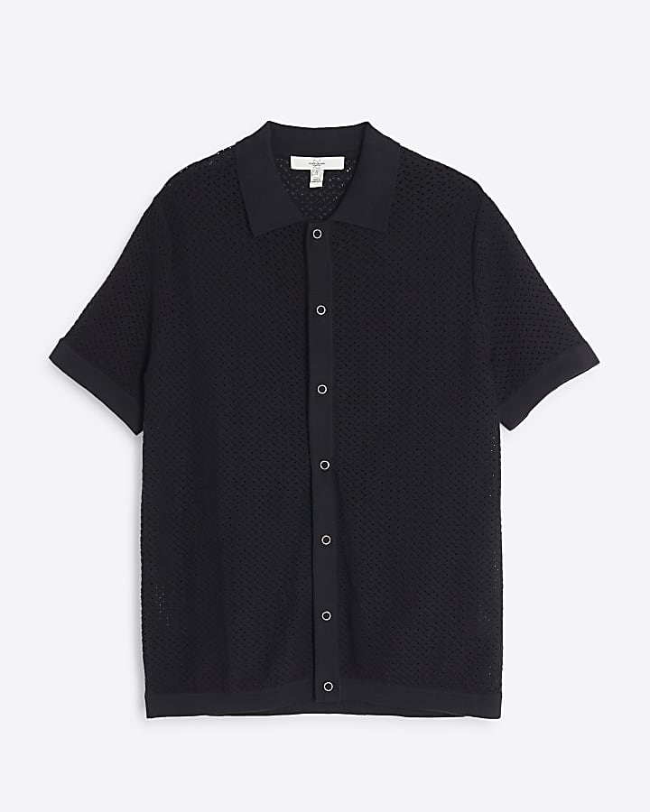 Black Slim Fit Micro Textured Knit Shirt