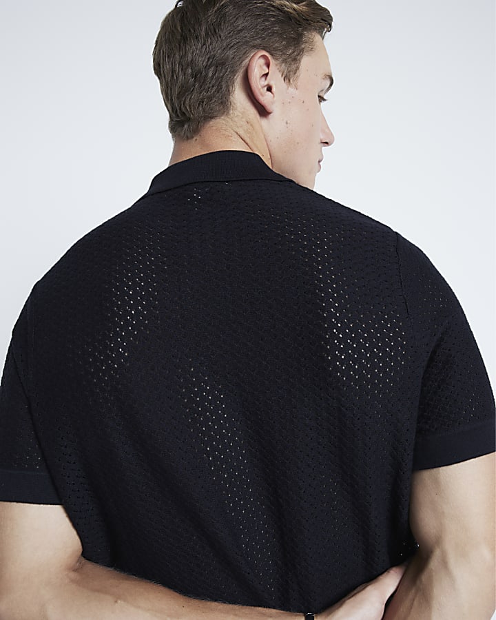 Black Slim Fit Micro Textured Knit Shirt