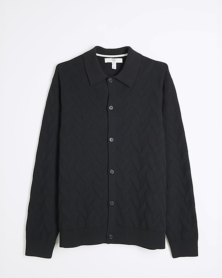 Black slim fit chevron knit long sleeve shirt