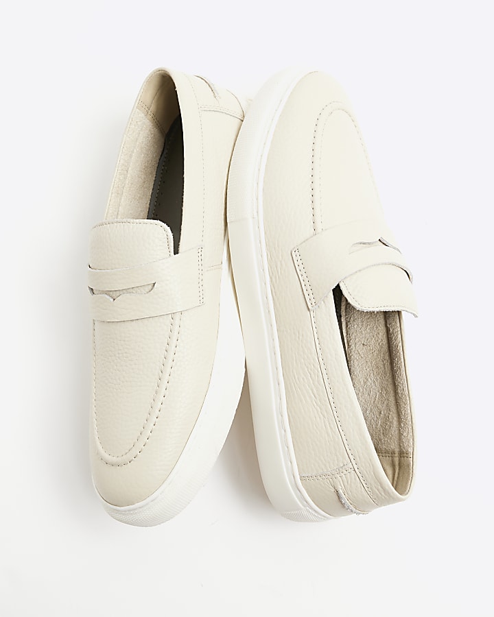 Beige Leather Cupsole Loafers