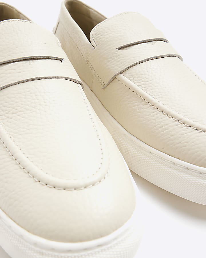 Beige Leather Cupsole Loafers