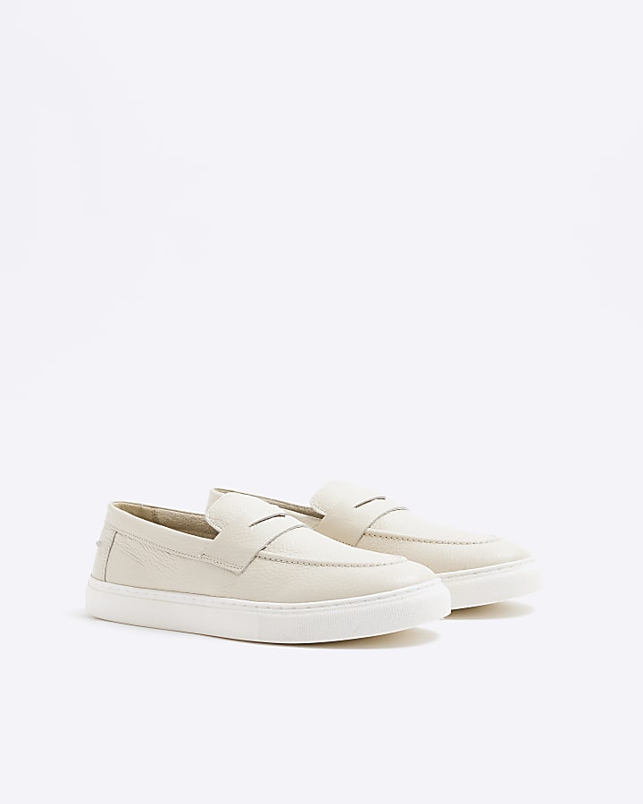 Beige Leather Cupsole Loafers