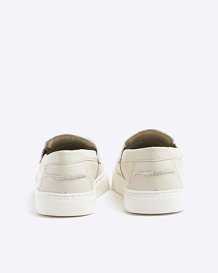 Beige Leather Cupsole Loafers