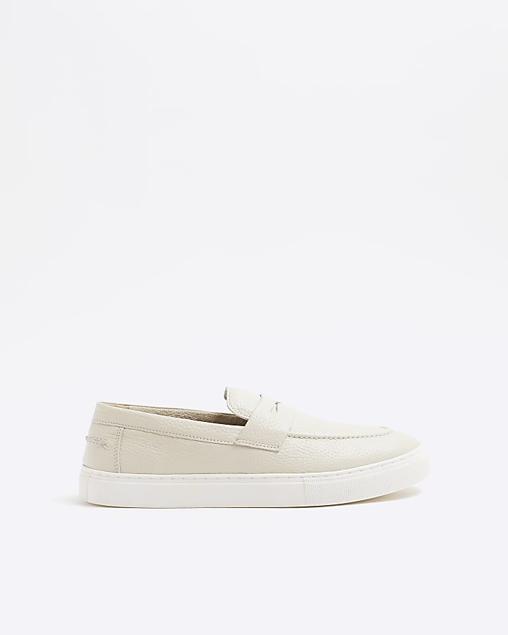 Beige Leather Cupsole Loafers