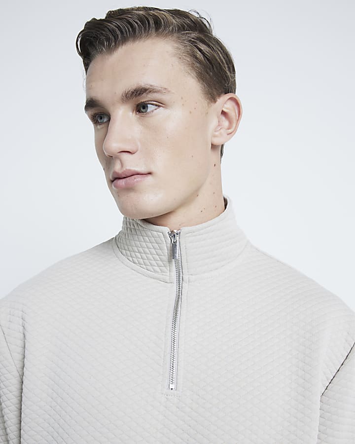 Beige Slim Fit Quilted Funnel Sweatshirt