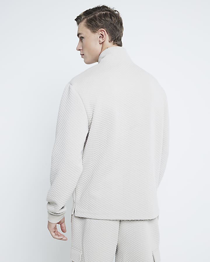 Beige Slim Fit Quilted Funnel Sweatshirt