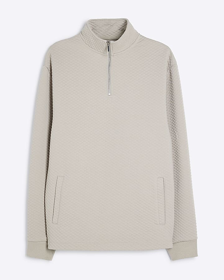 Beige Slim Fit Quilted Funnel Sweatshirt
