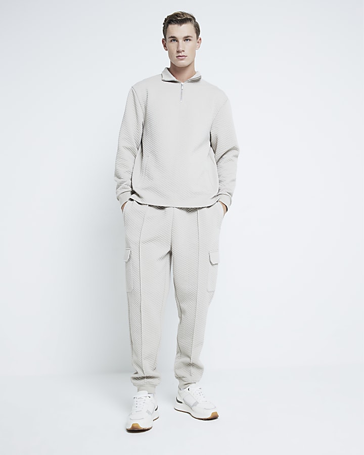 Beige Slim Fit Quilted Funnel Sweatshirt