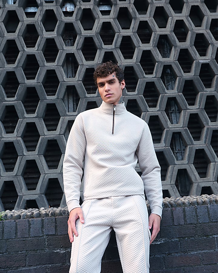 Beige Slim Fit Quilted Funnel Sweatshirt