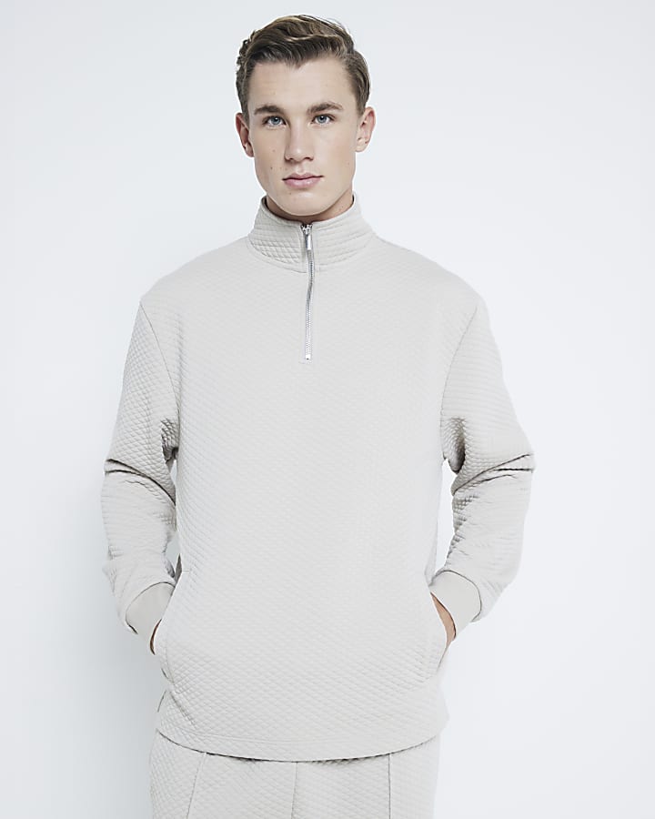 Beige Slim Fit Quilted Funnel Sweatshirt