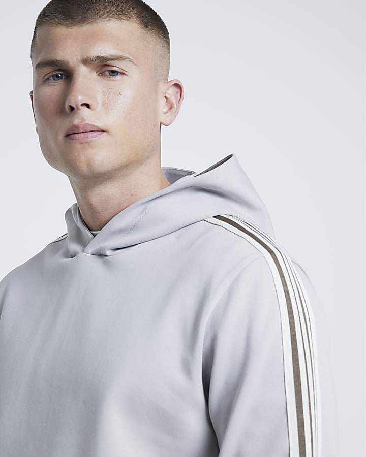 Grey Regular Fit Interlock Taped Hoodie