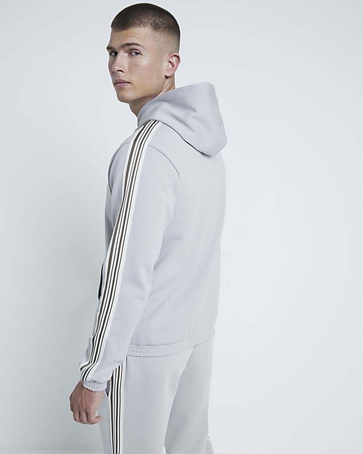 Grey Regular Fit Interlock Taped Hoodie