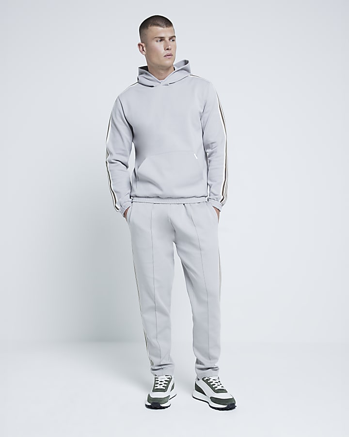Grey Regular Fit Interlock Taped Hoodie