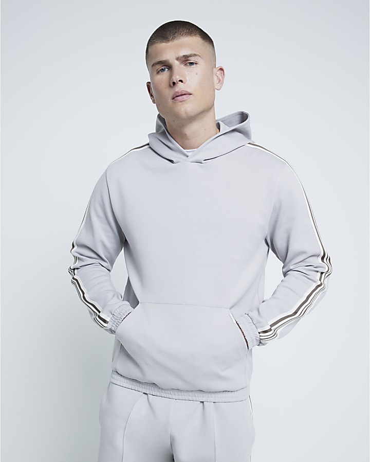 Grey Regular Fit Interlock Taped Hoodie