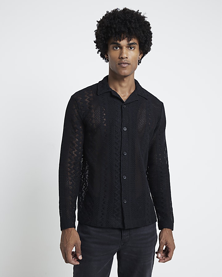 Black Long Sleeves Pointelle Stitch Shirt