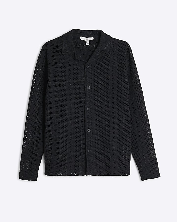 Black Long Sleeves Pointelle Stitch Shirt