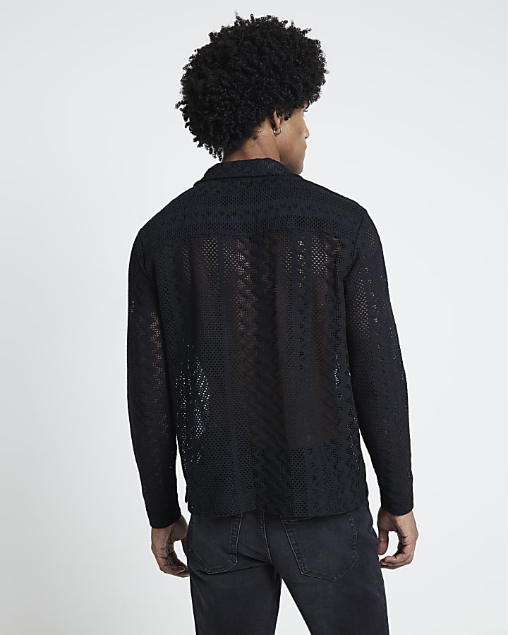 Black Long Sleeves Pointelle Stitch Shirt