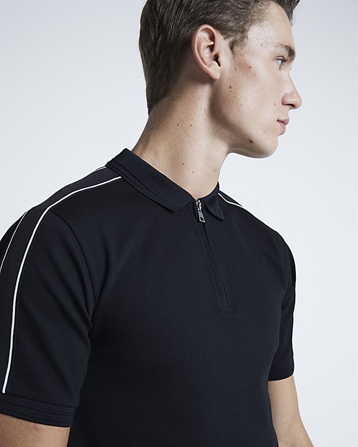 Black Pique Muscle Fit Taped Polo Shirt