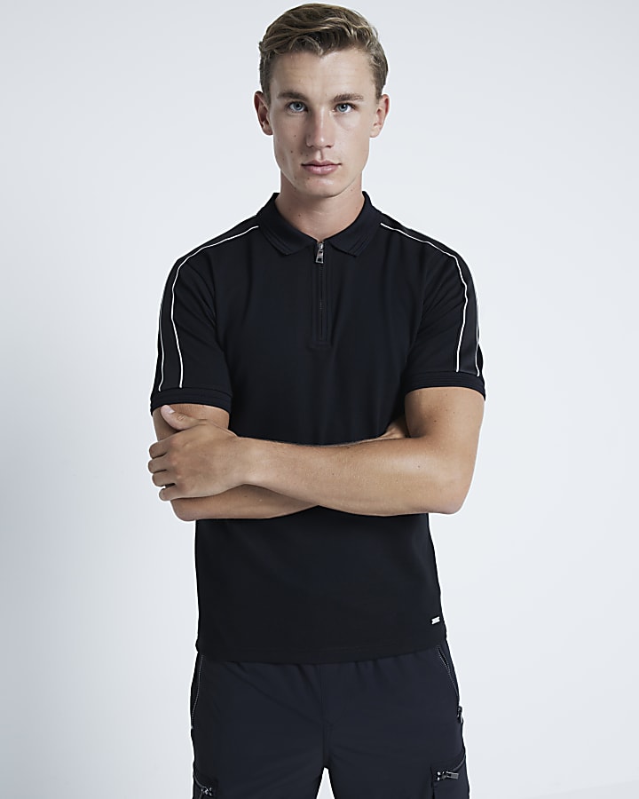 Black Pique Muscle Fit Taped Polo Shirt