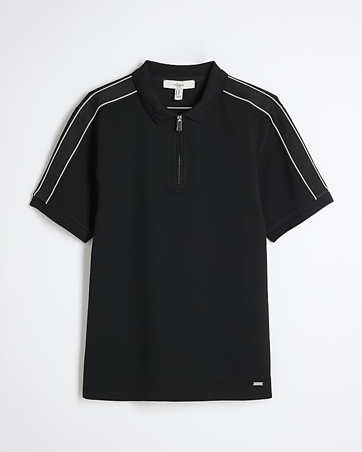 Black Pique Muscle Fit Taped Polo Shirt