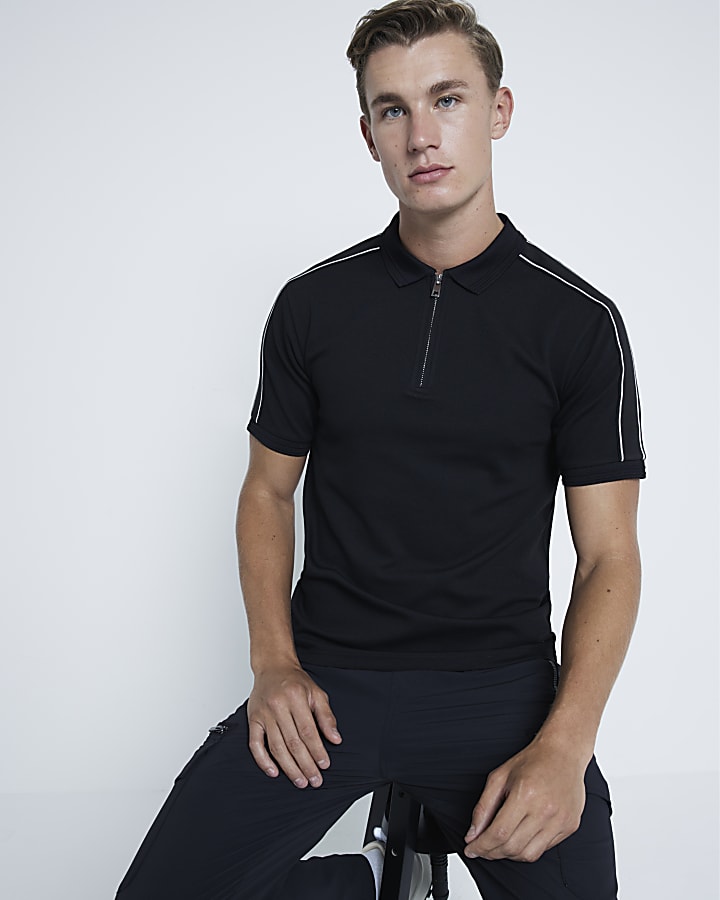 Black Pique Muscle Fit Taped Polo Shirt