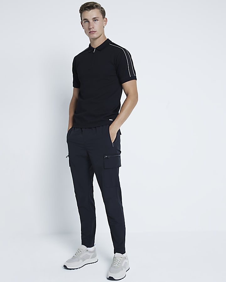 Black Pique Muscle Fit Taped Polo Shirt