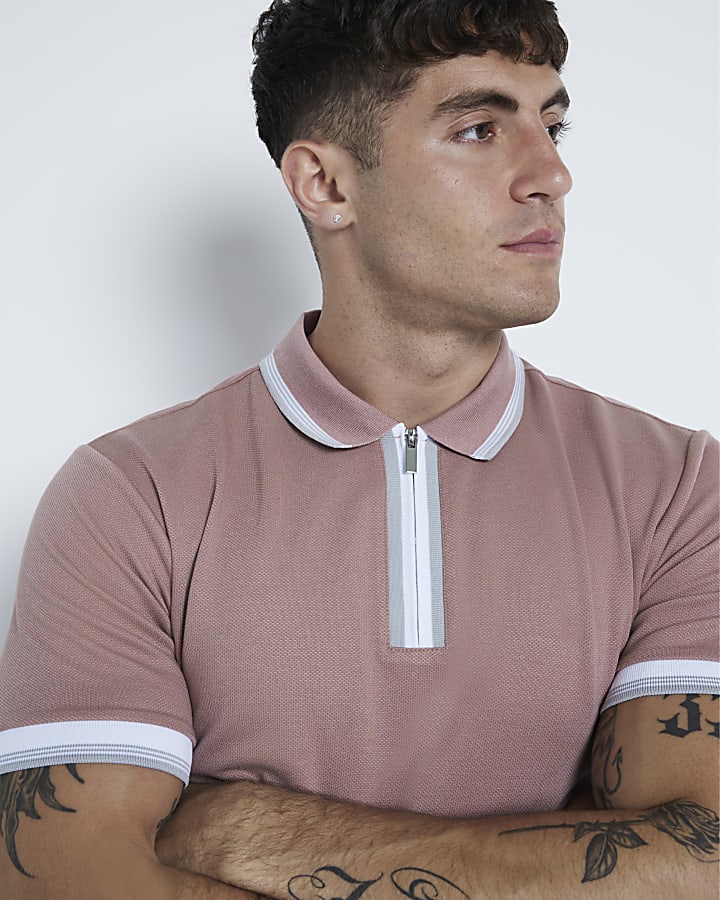 Pink Pique Slim Fit Tipped Polo Shirt