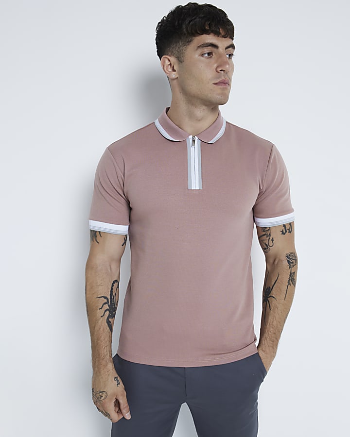 Pink Pique Slim Fit Tipped Polo Shirt