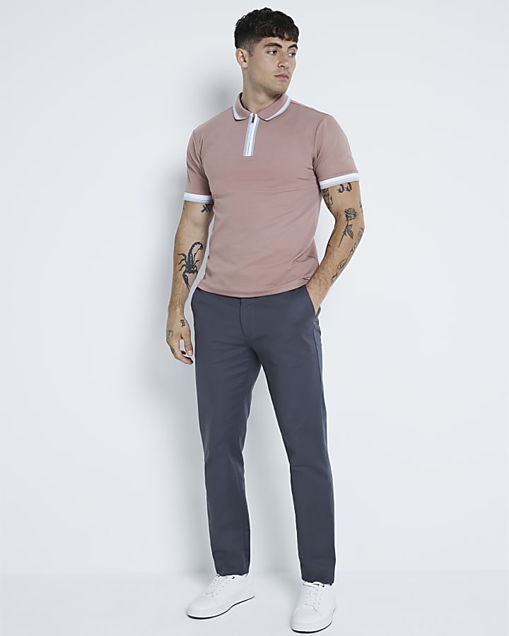 Pink Pique Slim Fit Tipped Polo Shirt