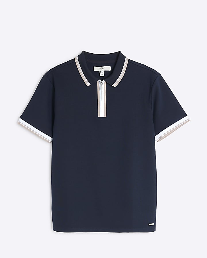 Navy Pique Slim Fit Tipped Polo Shirt