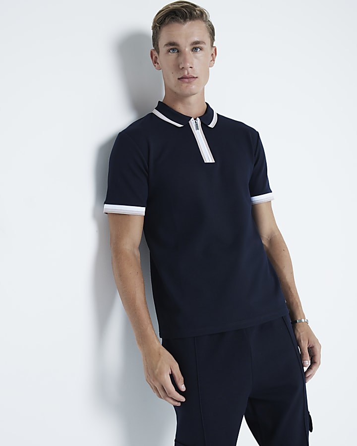 Navy Pique Slim Fit Tipped Polo Shirt