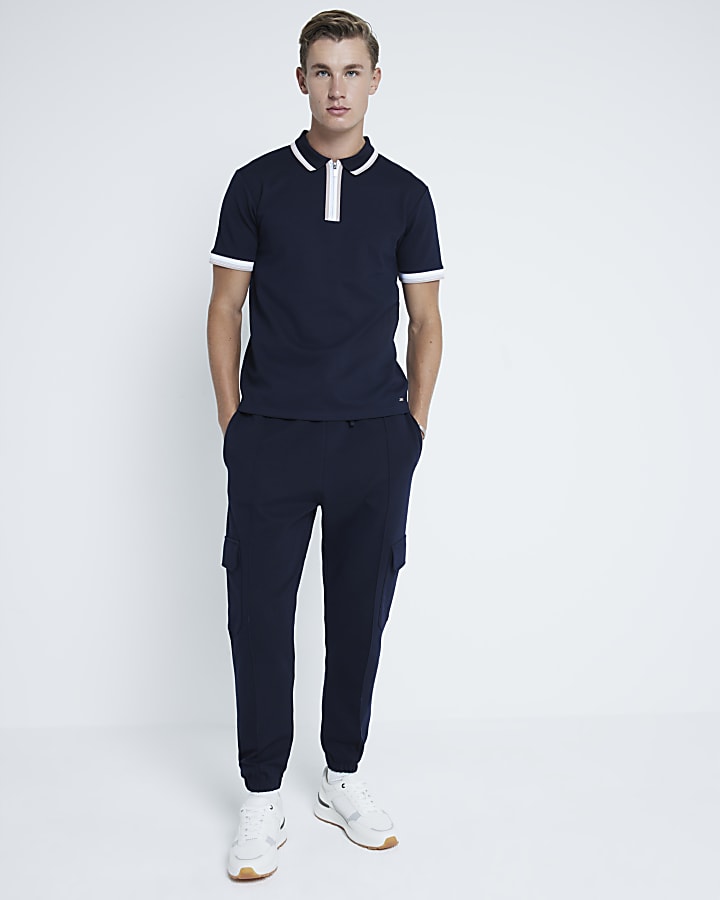 Navy Pique Slim Fit Tipped Polo Shirt