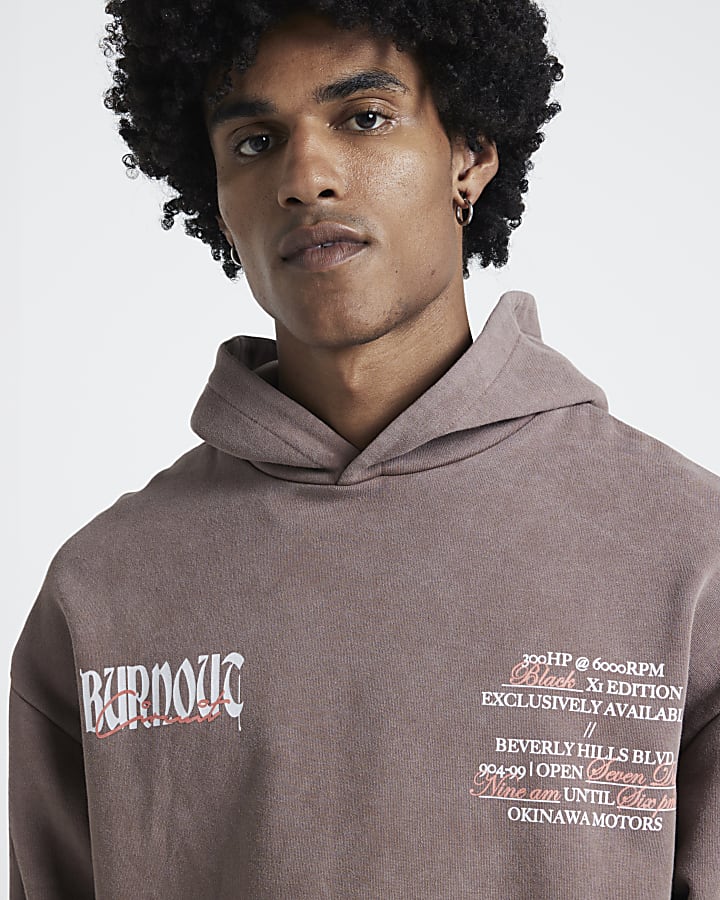 Brown oversized fit Burnout graphic Hoodie