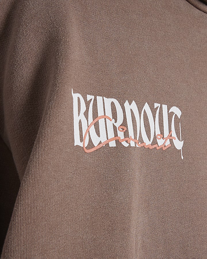 Brown oversized fit Burnout graphic Hoodie