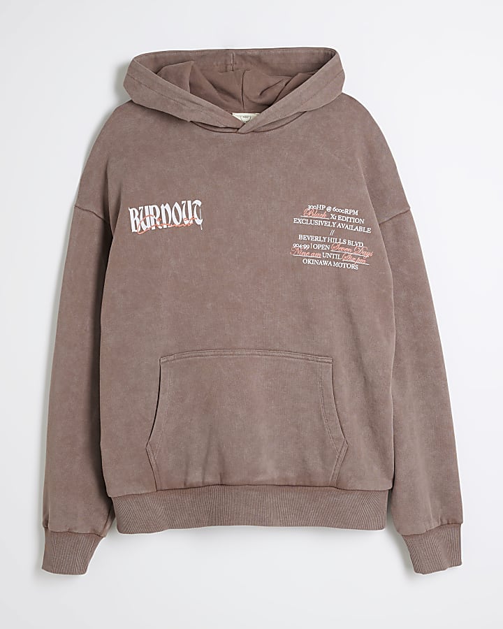 Brown oversized fit Burnout graphic Hoodie