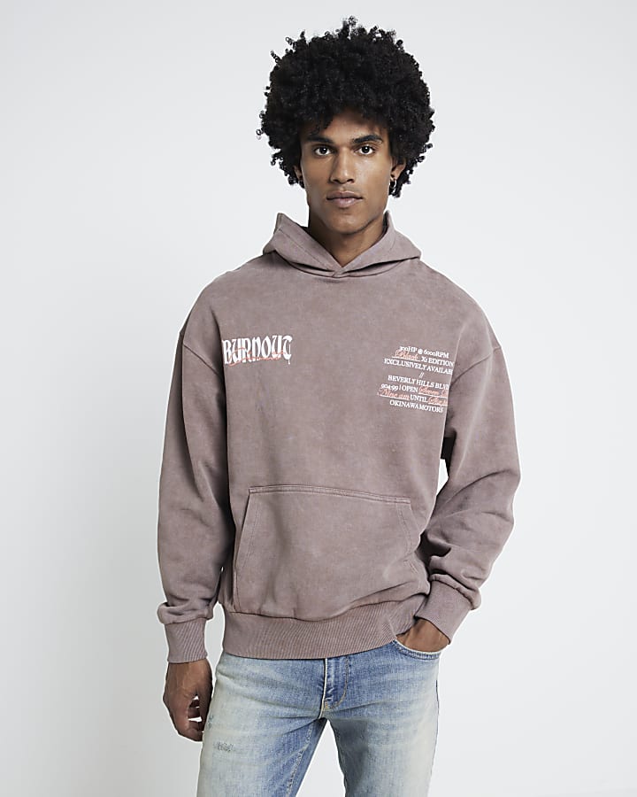 Brown oversized fit Burnout graphic Hoodie