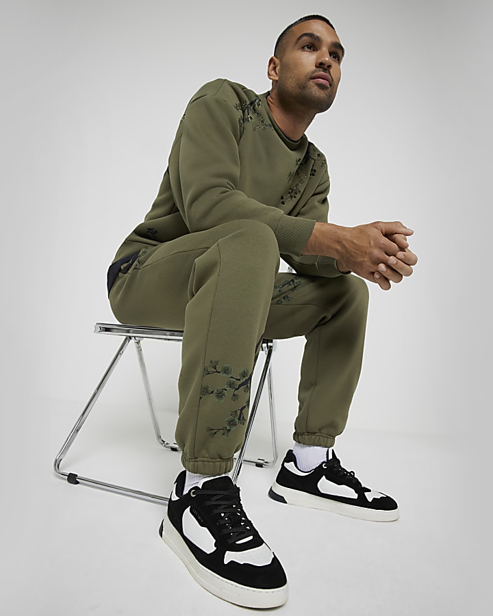 Khaki Regular Fit Floral Print Joggers