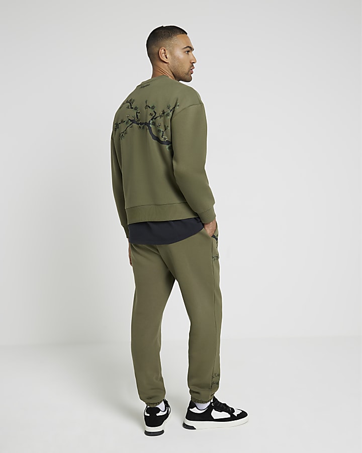 Khaki Regular Fit Floral Print Joggers
