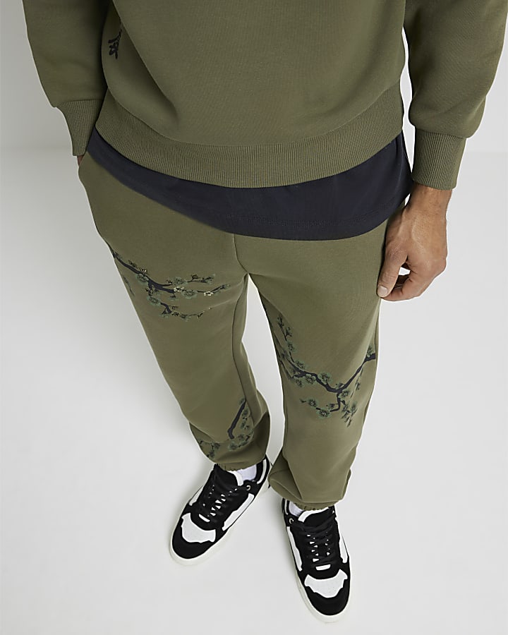 Khaki Regular Fit Floral Print Joggers