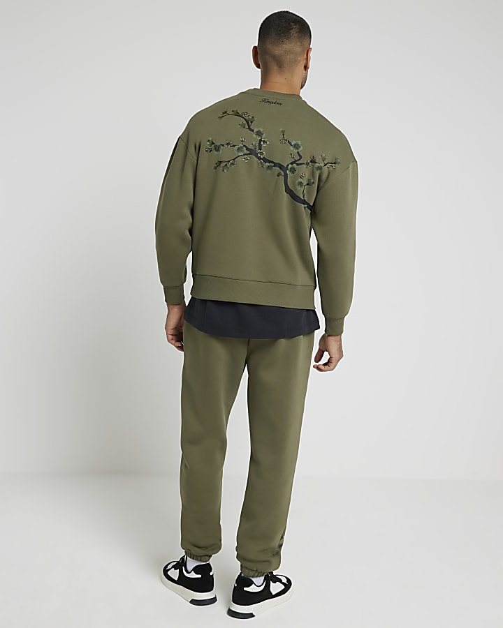 Khaki Oversized Floral Embroidered Sweatshirt