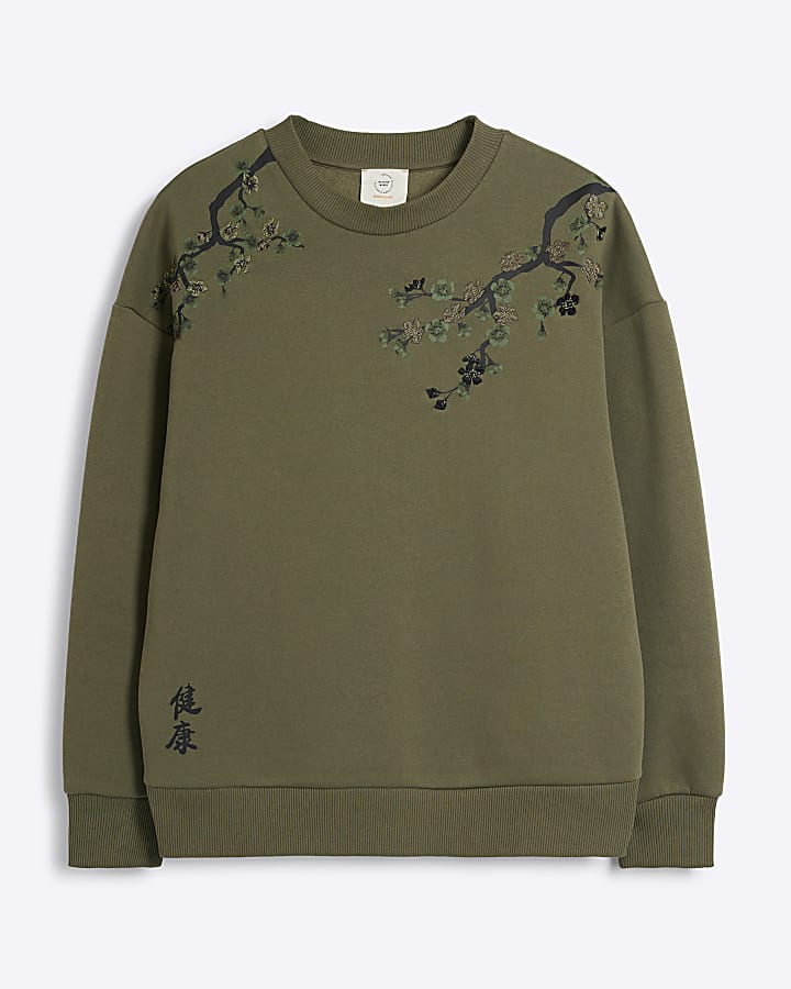 Khaki Oversized Floral Embroidered Sweatshirt