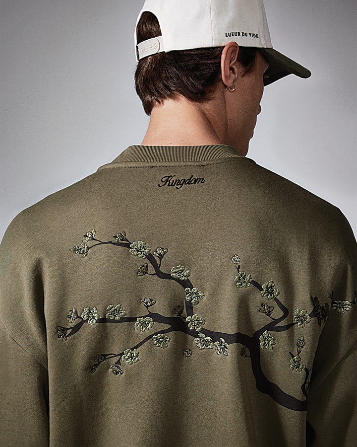 Khaki Oversized Floral Embroidered Sweatshirt