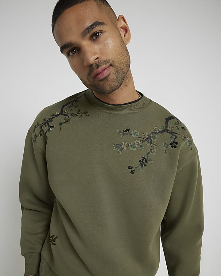 Khaki Oversized Floral Embroidered Sweatshirt