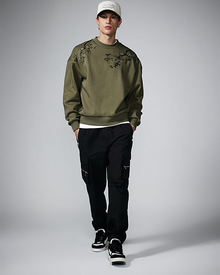 Khaki Oversized Floral Embroidered Sweatshirt River Island