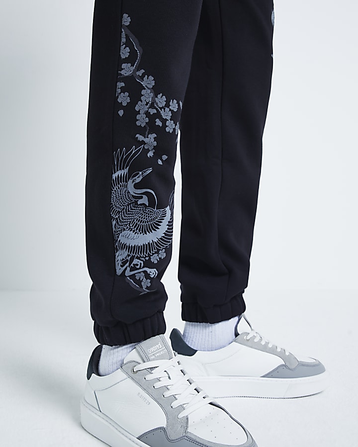 Black Regular Fit Crane Print Joggers