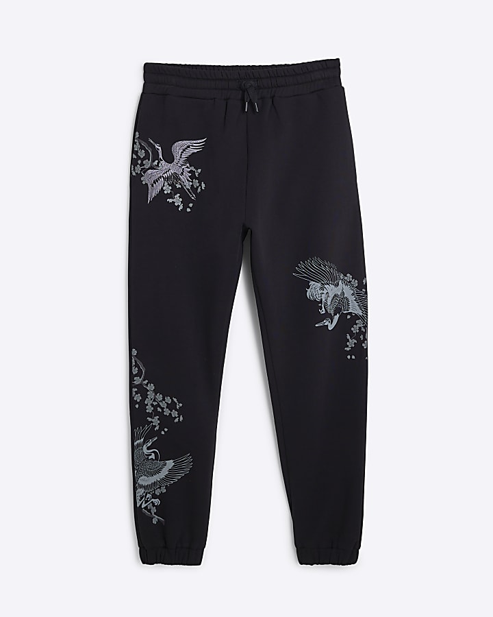 Black Regular Fit Crane Print Joggers