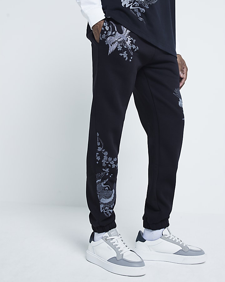 Black Regular Fit Crane Print Joggers